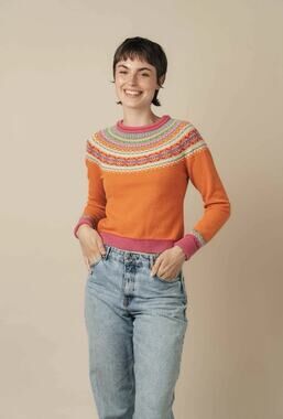 Eribe Alpine Modern Fairisle Lambswool Short Sweater in Bright Orange Small